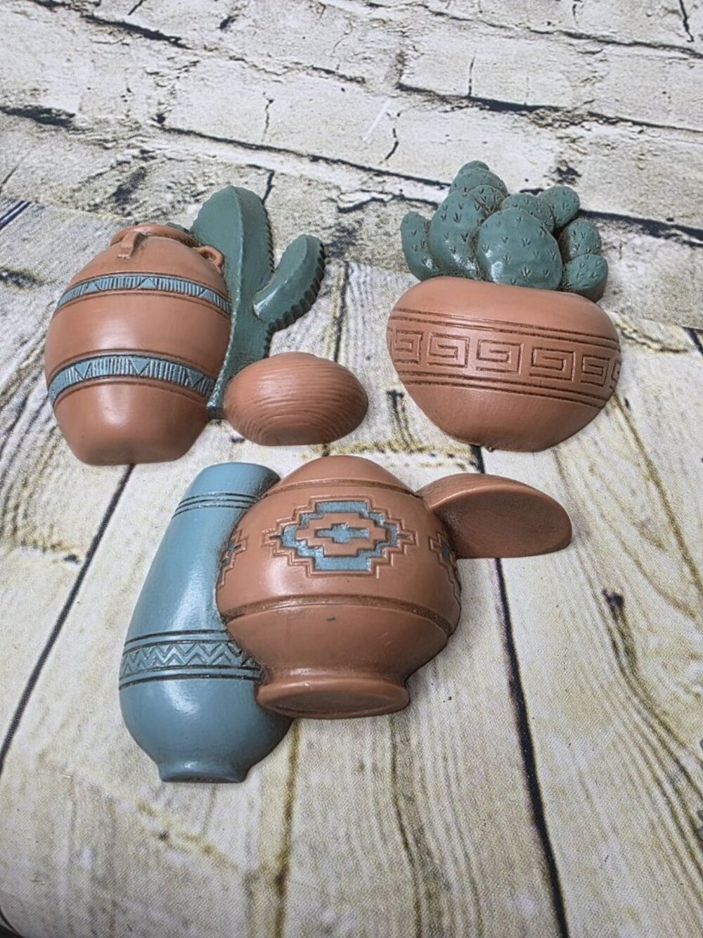 Vintage Burwood Southwest Pots & cactus Lot of 3 Wall Hangings Pueblo Western